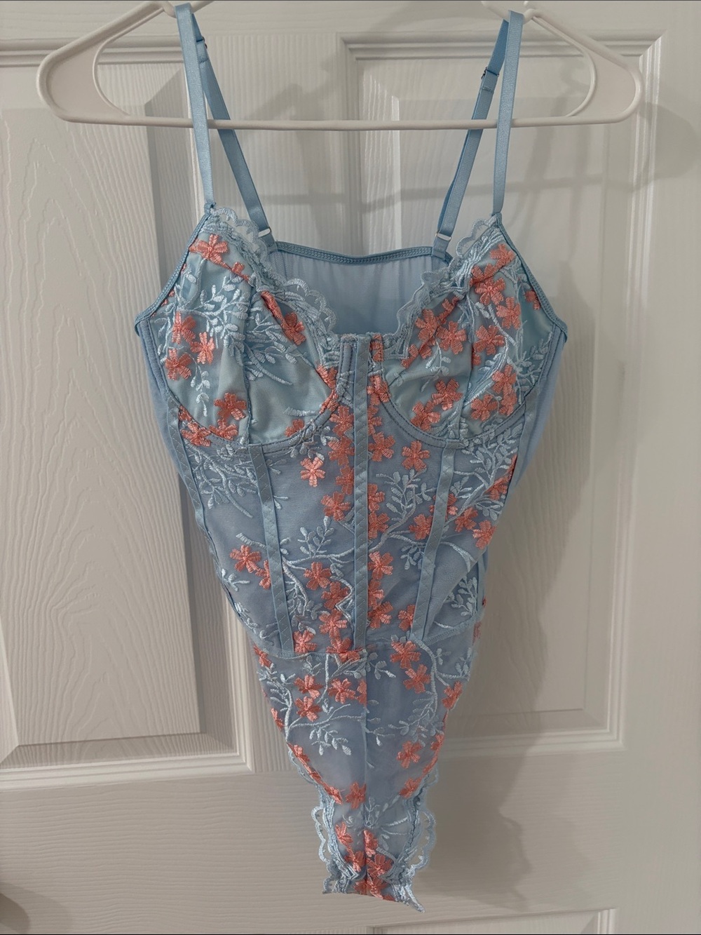 Light Blue Floral Embroidered Lace Bodysuit